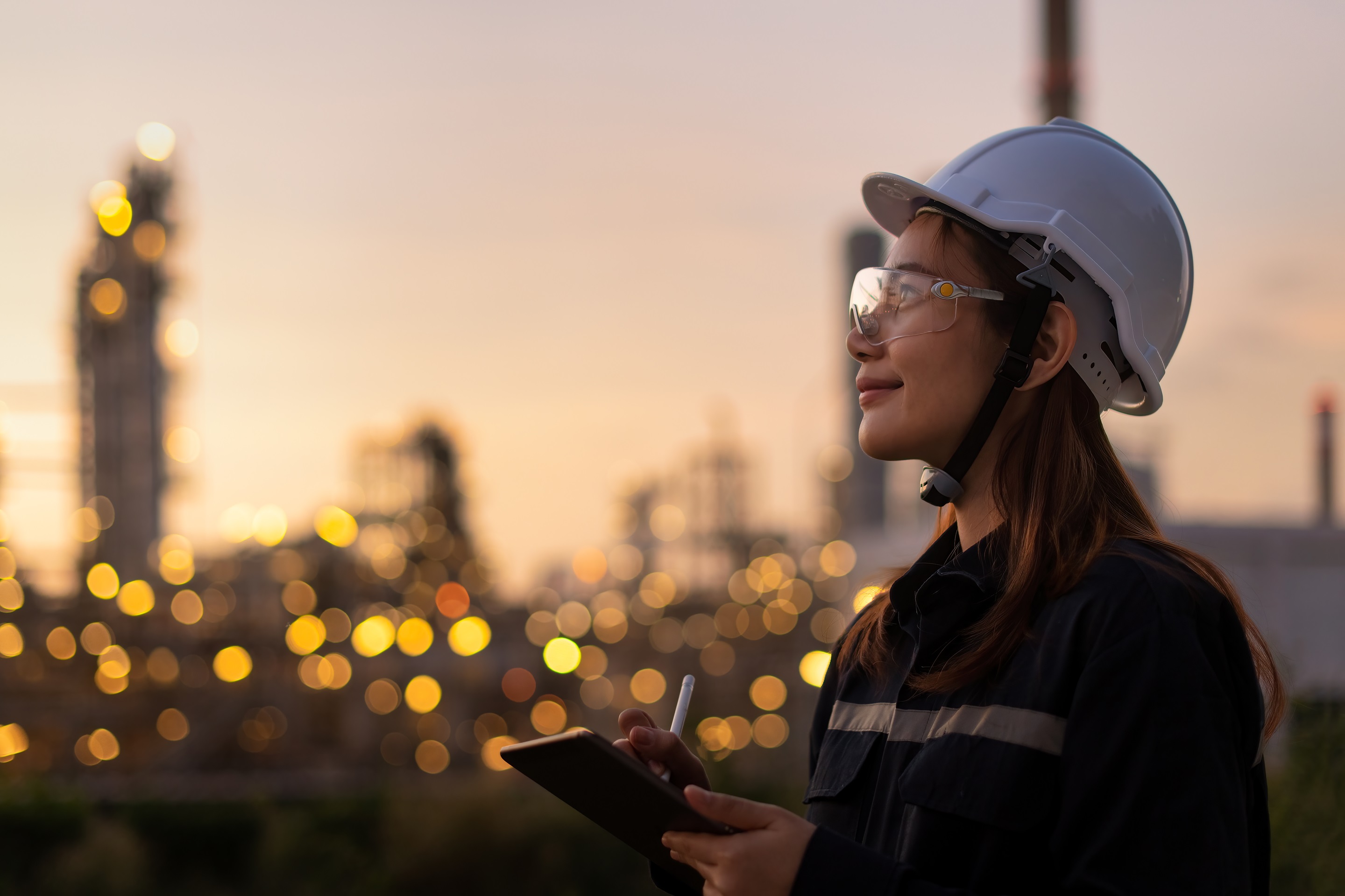 Petroleum oil refinery engineer worker in oil and gas industrial with personal safety equipment PPE to inspection follow checklist by tablet.